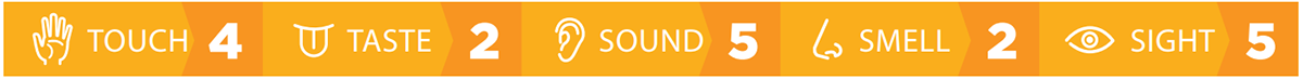 Sensory Levels: Touch 4, Taste 2, Sound 5, Smell 2, Sight 5
